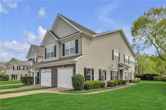 view of side of property with an attached garage, concrete driveway, and a lawn