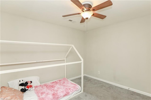 bedroom with ceiling fan, baseboards, visible vents, and carpet floors