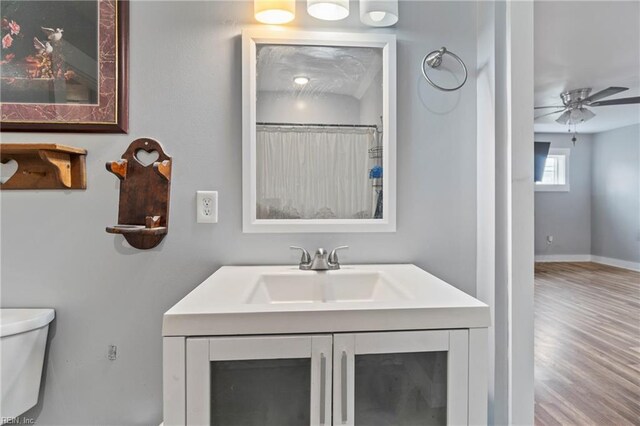 3410 E Princess Anne Rd, Norfolk, VA 23502 - bathroom featuring baseboards, toilet, ceiling fan, vanity, and wood finished floors