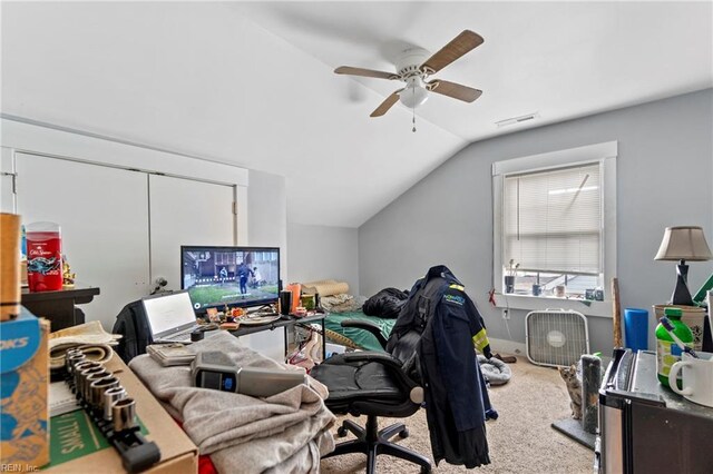 3410 E Princess Anne Rd, Norfolk, VA 23502 - carpeted office space with visible vents, vaulted ceiling, and a ceiling fan