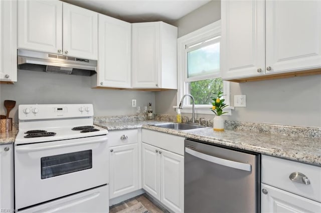 kitchen featuring stainless steel dishwasher, white cabinetry, under cabinet range hood, white range with electric stovetop, and a sink