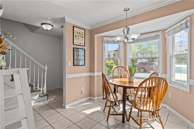 1206 Mabry Mill Pl, Chesapeake, VA 23320 - dining space with stairs, light tile patterned floors, baseboards, and an inviting chandelier