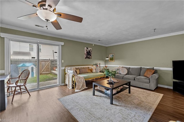 1206 Mabry Mill Pl, Chesapeake, VA 23320 - living area featuring baseboards, crown molding, visible vents, ceiling fan, and wood finished floors