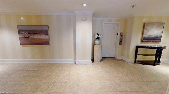 301 Brooke Ave Unit 105, Norfolk, VA 23510 - tiled spare room featuring crown molding, wallpapered walls, baseboards, and elevator