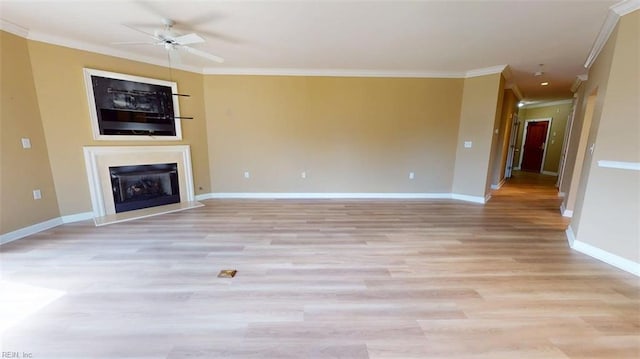 301 Brooke Ave Unit 105, Norfolk, VA 23510 - unfurnished living room featuring light wood-style flooring, crown molding, ceiling fan, and baseboards