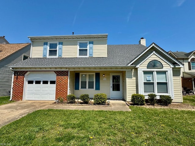 3216 Winterberry Ct, Virginia Beach, VA 23453 - view of front of home with a chimney, driveway, an attached garage, a front lawn, and a shingled roof