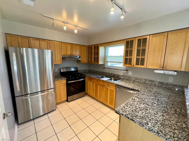 3216 Winterberry Ct, Virginia Beach, VA 23453 - kitchen with rail lighting, dark stone countertops, appliances with stainless steel finishes, under cabinet range hood, and a sink