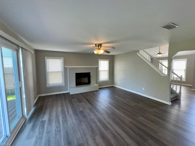 3216 Winterberry Ct, Virginia Beach, VA 23453 - unfurnished living room featuring dark wood-style flooring, baseboards, and a ceiling fan