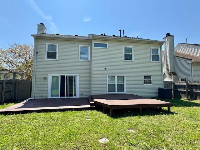 3216 Winterberry Ct, Virginia Beach, VA 23453 - rear view of property with central AC unit, a deck, a lawn, a chimney, and a fenced backyard