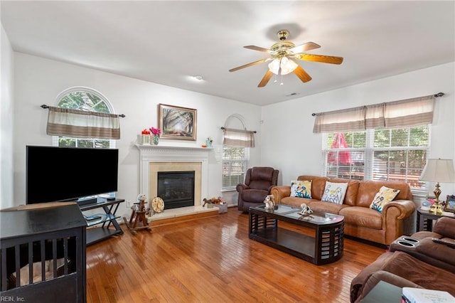 106 Elm Tree Ct, Suffolk, VA 23435 - living area featuring hardwood / wood-style floors, a glass covered fireplace, a ceiling fan, and plenty of natural light