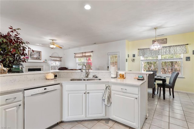 106 Elm Tree Ct, Suffolk, VA 23435 - kitchen featuring light tile patterned floors, white cabinetry, ceiling fan, white dishwasher, and a sink