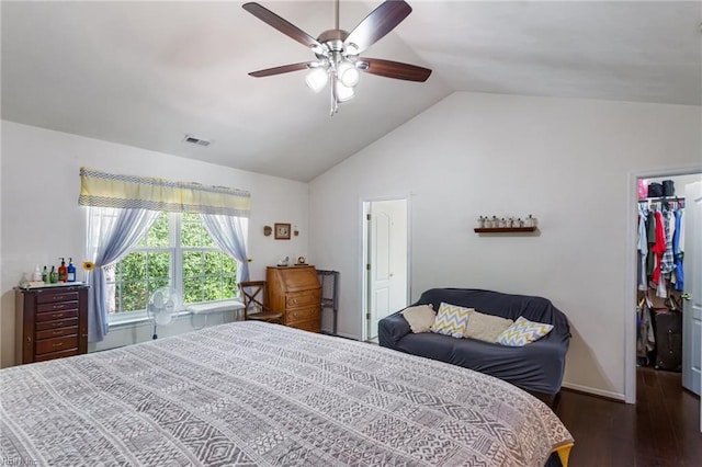 106 Elm Tree Ct, Suffolk, VA 23435 - bedroom featuring a ceiling fan, vaulted ceiling, visible vents, wood finished floors, and a walk in closet