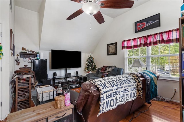 106 Elm Tree Ct, Suffolk, VA 23435 - living area featuring ceiling fan, vaulted ceiling, wood finished floors, and baseboards