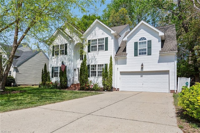 106 Elm Tree Ct, Suffolk, VA 23435 - view of front of property with a garage, a front yard, driveway, and a shingled roof