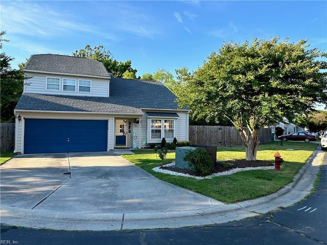 traditional home with a front lawn, fence, and driveway