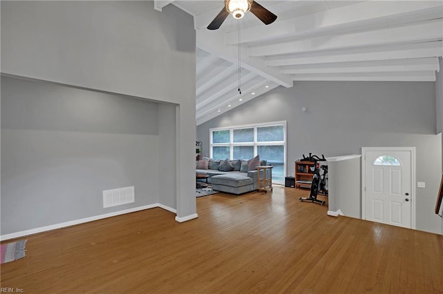 living area with baseboards, visible vents, beamed ceiling, a ceiling fan, and wood finished floors