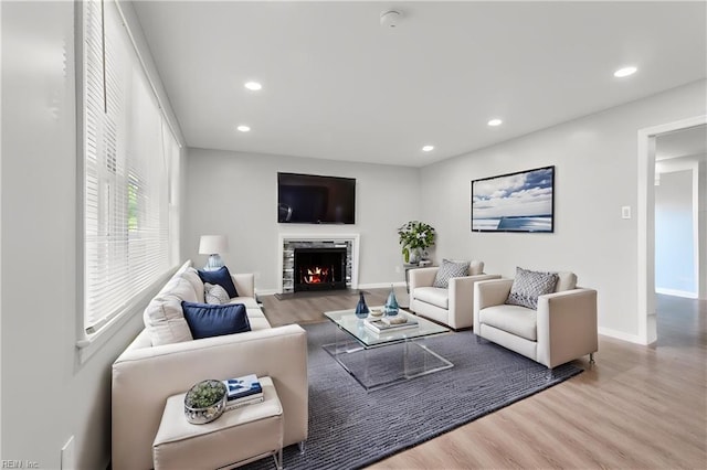 122 Kendall Dr, Newport News, VA 23601 - living room featuring baseboards, recessed lighting, wood finished floors, and a high end fireplace