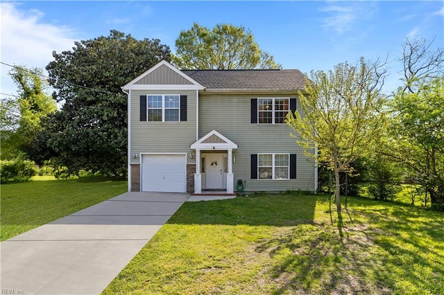 view of front of house featuring board and batten siding, a front yard, stone siding, a garage, and driveway