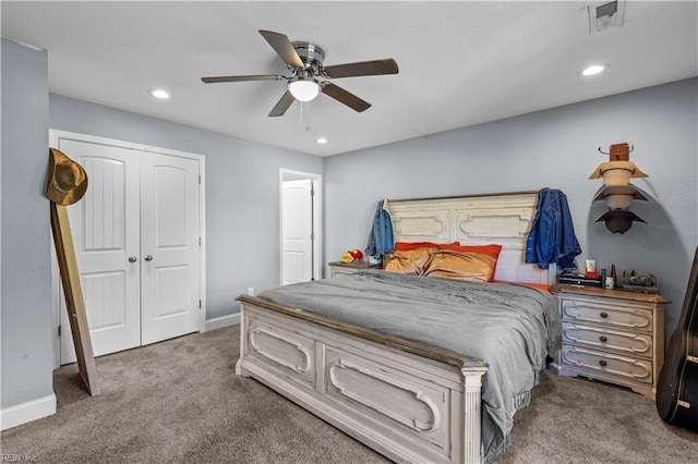 carpeted bedroom featuring recessed lighting, visible vents, baseboards, and a ceiling fan