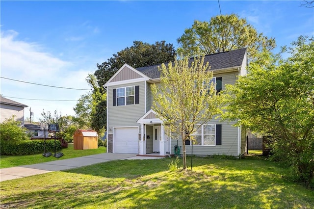 view of front of home with driveway, board and batten siding, an attached garage, a front yard, and a storage unit