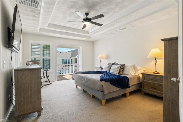 209 Cobblestone Reach Reach, Suffolk, VA 23435 - carpeted bedroom featuring access to outside, ornamental molding, a ceiling fan, visible vents, and a tray ceiling