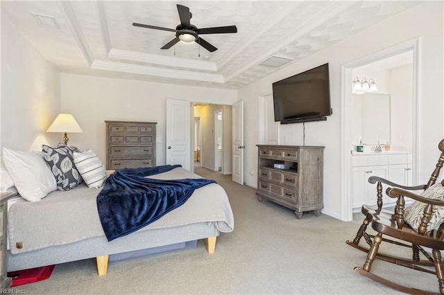 209 Cobblestone Reach Reach, Suffolk, VA 23435 - bedroom featuring ornamental molding, light carpet, a raised ceiling, ensuite bathroom, and ceiling fan