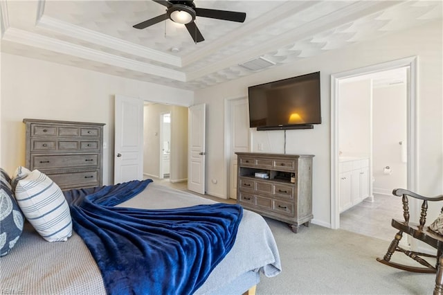 209 Cobblestone Reach Reach, Suffolk, VA 23435 - bedroom featuring a tray ceiling, ensuite bath, ornamental molding, light carpet, and baseboards