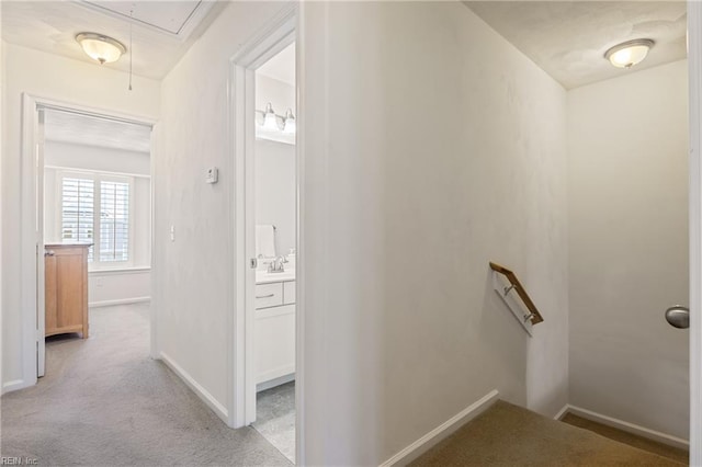 209 Cobblestone Reach Reach, Suffolk, VA 23435 - hall with baseboards, an upstairs landing, attic access, and light colored carpet