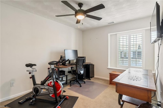 209 Cobblestone Reach Reach, Suffolk, VA 23435 - home office featuring visible vents, ceiling fan, light colored carpet, and baseboards