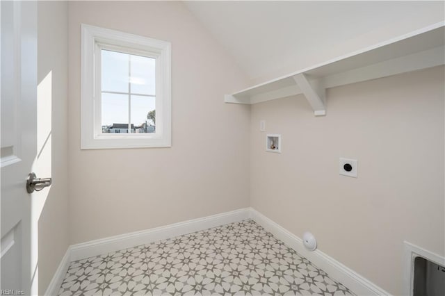laundry area with baseboards, washer hookup, laundry area, electric dryer hookup, and light floors