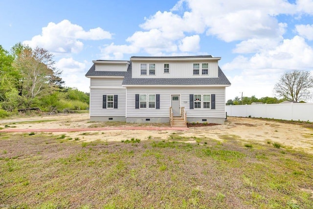 9289 Gates Rd, Suffolk, VA 23437 - rear view of house with crawl space, a yard, a shingled roof, and fence