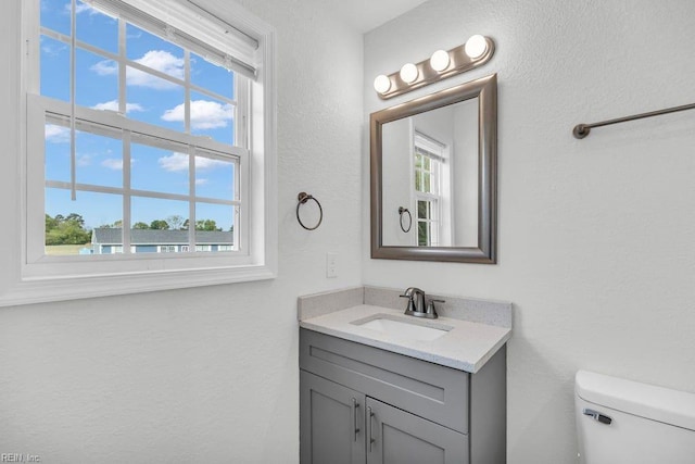 9289 Gates Rd, Suffolk, VA 23437 - bathroom featuring toilet, vanity, a textured wall, and a healthy amount of sunlight