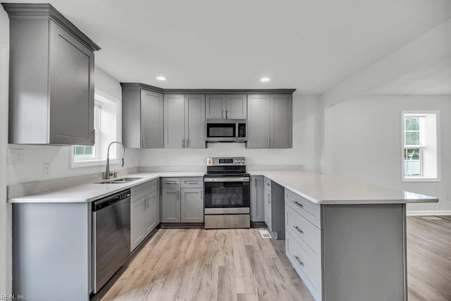 9289 Gates Rd, Suffolk, VA 23437 - kitchen featuring a peninsula, a sink, stainless steel appliances, gray cabinetry, and plenty of natural light
