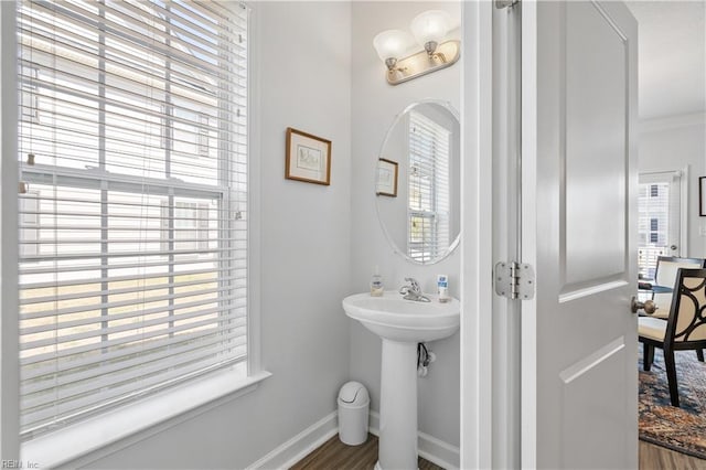 bathroom with baseboards, wood finished floors, and a sink