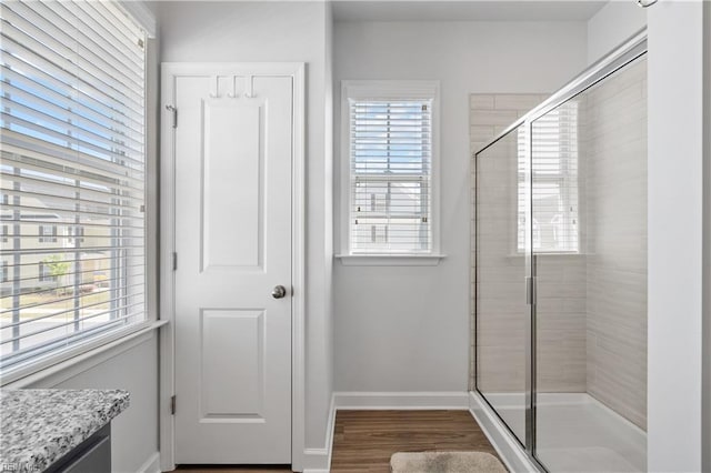 full bathroom featuring a shower stall, vanity, wood finished floors, and plenty of natural light