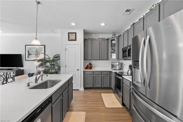 kitchen with a sink, visible vents, gray cabinets, light countertops, and appliances with stainless steel finishes