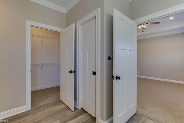 corridor featuring ornamental molding, baseboards, carpet flooring, and wood finished floors