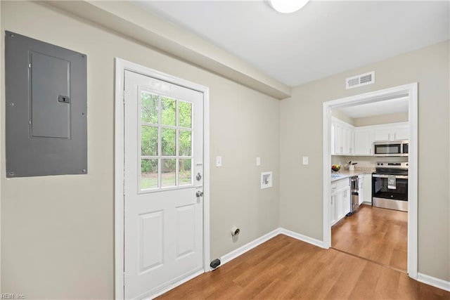 105 Ireland St, Hampton, VA 23663 - doorway with visible vents, baseboards, light wood finished floors, and electric panel