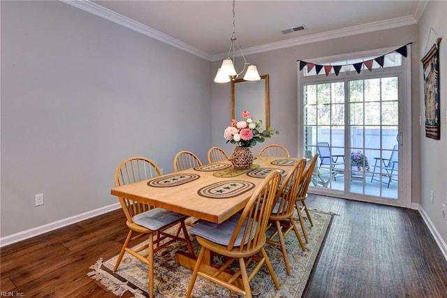 1208 Kings Land Ct, Williamsburg, VA 23185 - dining space with baseboards, visible vents, crown molding, and dark wood-style floors