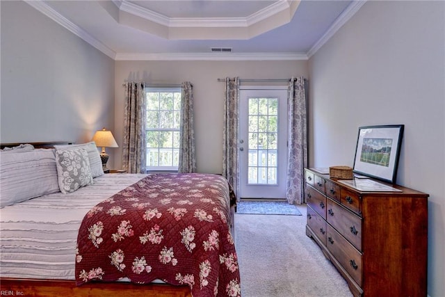 1208 Kings Land Ct, Williamsburg, VA 23185 - bedroom featuring ornamental molding, carpet flooring, visible vents, and a raised ceiling
