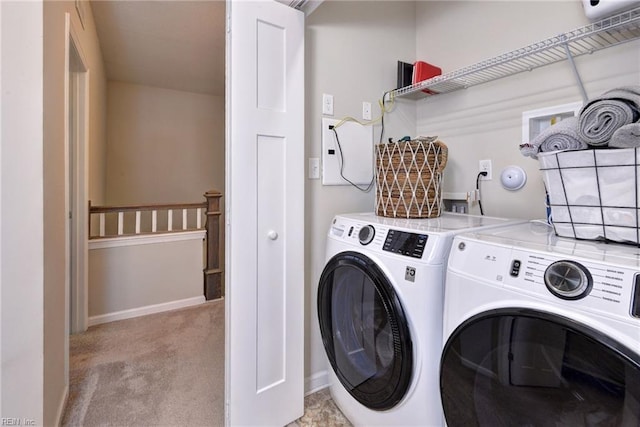 1208 Kings Land Ct, Williamsburg, VA 23185 - laundry room featuring washing machine and dryer, light carpet, laundry area, and baseboards
