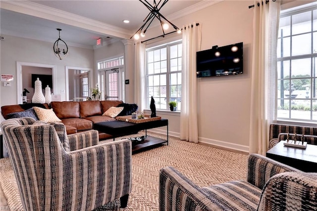 1208 Kings Land Ct, Williamsburg, VA 23185 - living room with carpet flooring, a wealth of natural light, and ornamental molding