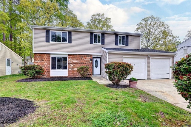 view of front of property with brick siding, a front lawn, and concrete driveway