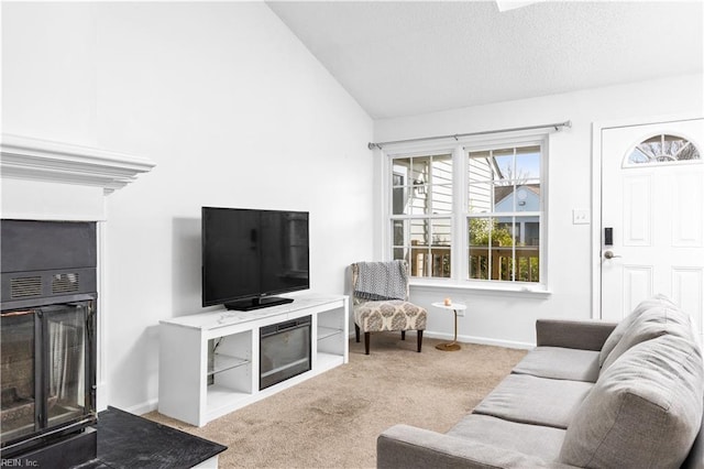 3518 Argo Ct, Virginia Beach, VA 23453 - living area with a fireplace, carpet, baseboards, and vaulted ceiling