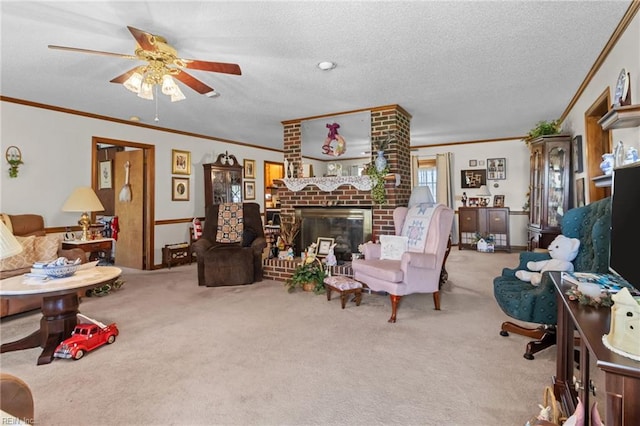 carpeted living room with a textured ceiling, ceiling fan, ornamental molding, and a brick fireplace