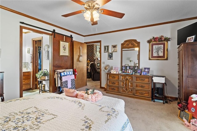 bedroom with baseboards, a spacious closet, ceiling fan, carpet, and crown molding
