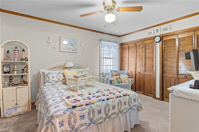 bedroom with crown molding, carpet flooring, a textured ceiling, and multiple closets
