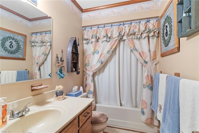 full bathroom with crown molding, shower / tub combo, toilet, and vanity