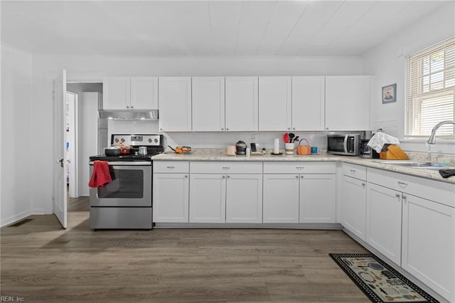 kitchen with appliances with stainless steel finishes, white cabinetry, under cabinet range hood, decorative backsplash, and a sink