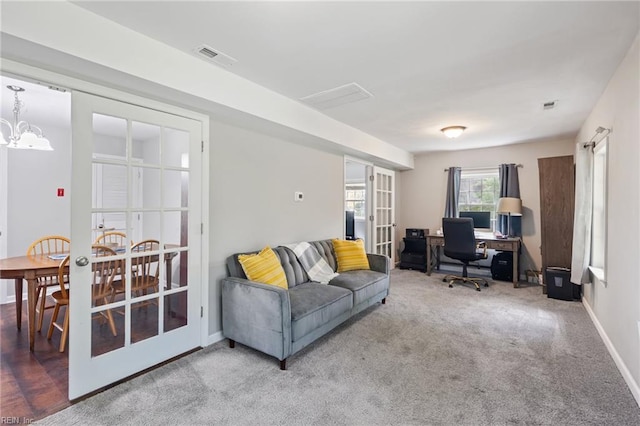 78 Kendall Dr, Newport News, VA 23601 - office with an inviting chandelier, french doors, visible vents, and carpet